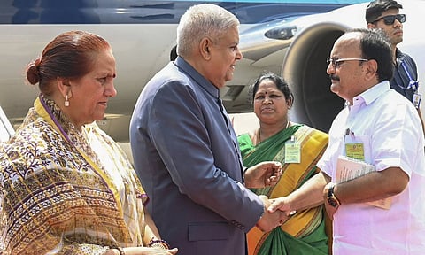 Vice President Jagdeep Dhankhar and his wife Sudesh Dhankhar being welcomed by Tamil Nadu Minister N Kayalvizhi Selvaraj and MP Ganapathy P Rajkumar on their arrival, in Coimbatore (PTI) 