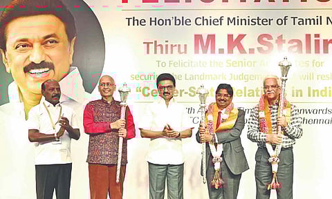 Chief Minister MK Stalin with top advocates who were instrumental in getting the historic verdict in apex court