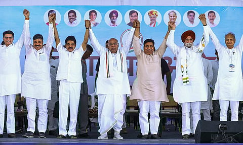 Congress President Mallikarjun Kharge, senior leader K.C. Venugopal, former Rajasthan CM Ashok Gehlot, State Congress President Govind Singh Dotasra, senior leader Sachin Pilot and others during the party's 'Savidhan Bachao Rally' at Ramleela Maidan in Jaipur, Monday, April 28, 2025 (PTI) 