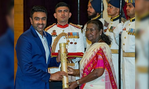 President Droupadi Murmu confers the Padma Shri on cricketer Ravichandran Ashwin in the field of Sports during the Civil Investiture Ceremony-I at Rashtrapati Bhavan, in New Delhi, Monday, April 28, 2025 (PTI) 