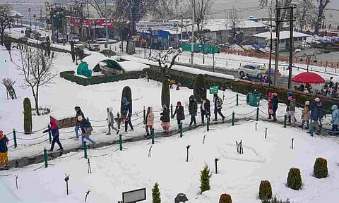 Visitors at the Nishat Garden near the Dal Lake after the season's first snowfall, in Srinagar (PTI)