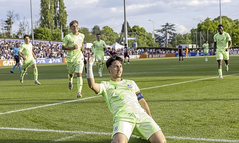 Barcelona's Hugo Alba celebrates scoring during the UEFA Youth League final match (AP)