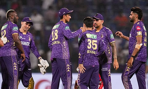 Kolkata Knight Riders' players greet each other after winning their Indian Premier League (IPL) 2025 cricket match against Delhi Capitals, at the Arun Jaitley Stadium, in New Delhi, Tuesday, April 29, 2025 (PTI) 