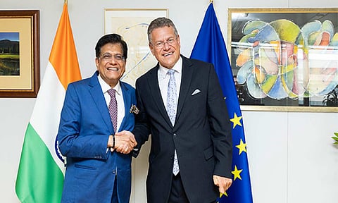 Union Minister Piyush Goyal with EU Comissioner for Trade and Economic Security, Maros Sefcovic in Brussels (Photo/X@PiyushGoyal)