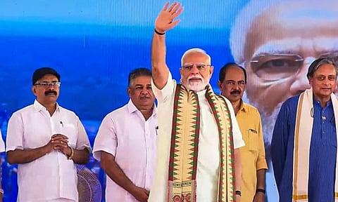 Prime Minister Narendra Modi, Congress MP Shashi Tharoor and others during the inauguration of the Vizhinjam International Seaport, in Thiruvananthapuram. (PTI Photo)