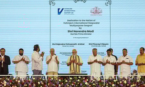 Prime Minister Narendra Modi, Kerala Governor Rajendra Arlekar, Chief Minister Pinarayi Vijayan, Adani Group Chairman Gautam Adani and others during the inauguration of the Vizhinjam International Seaport, in Thiruvananthapuram (PTI) 
