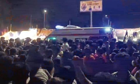 An ambulance carries injured after a stampede broke out during a temple festival, in Panaji, Goa, Saturday, May 3, 2025. (PTI)