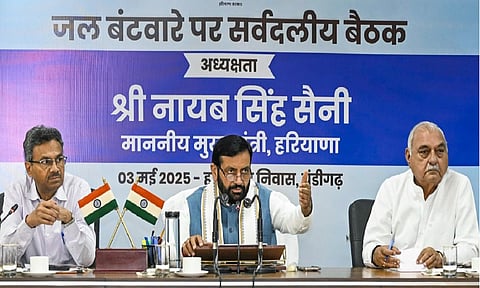 Haryana Chief Minister Nayab Singh Saini during an all party meeting regarding sharing of water with Punjab, in Chandigarh (Image from @cmohry via X)