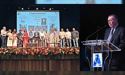 L-R: Students and faculty at the convocation of Asian College of Journalism, Chennai; Norman Pearlstine speaks at the event (Photos: Nitheeshwar)