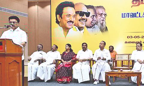 DMK president MK Stalin addressing the party’s district secretary meeting on Saturday