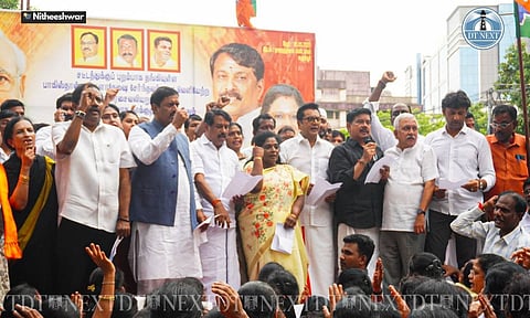 BJP members staged a protest at Rajarathinam stadium in Egmore (Photo: Nitheeshwar)