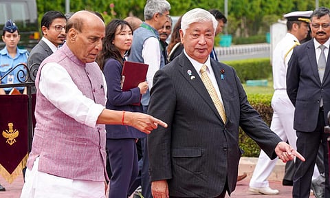 Defence Minister Rajnath Singh with his Japanese counterpart Gen Nakatani during the latter's ceremonial reception, at the Manekshaw Centre in New Delhi, Monday, May 5, 2025 (PTI) 