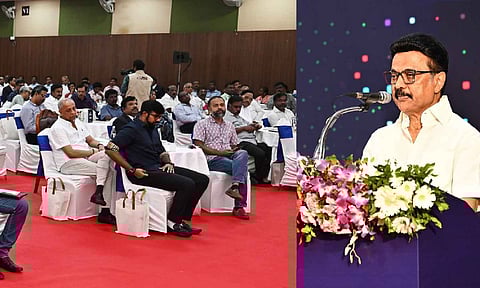 CM Stalin addressed a gathering of journalists and media professionals held at the Kalaivanar Arangam (X)