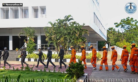 A security personnel during a drill conducted as a part of the nationwide civil defence exercise, at the administrative office of the Chennai Port Trust, in Chennai (Photo: Hemanathan M)