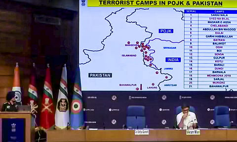 Army's Col Sofiya Qureshi speaks as Foreign Secretary Vikram Misri looks on during a press conference regarding 'Operation Sindoor', in New Delhi (PTI) 