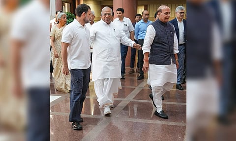 Union Ministers Rajnath Singh, Nirmala Sitharaman and S Jaishankar, Leader of Opposition in the Lok Sabha Rahul Gandhi and Congress President Mallikarjun Kharge arrive to attend an all-party meeting