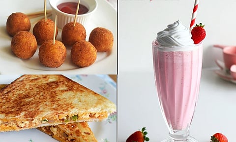 Corn cheese balls, Paneer sandwich, and Strawberry milkshake 