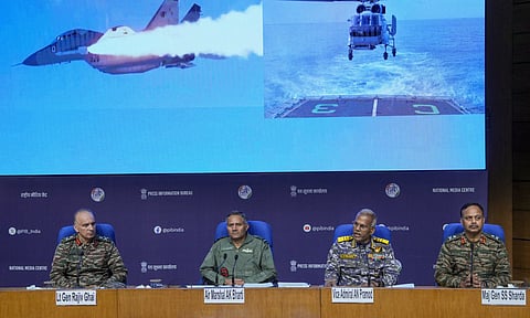 Director General of Military Operations (DGMO) Lt General Rajiv Ghai with Air Marshal AK Bharti, Vice Admiral AN Pramod and Major General SS Sharda during a press conference on 'Operation Sindoor', in New Delhi (PTI) 