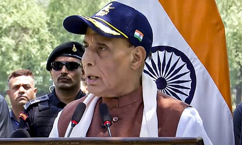 Defence Minister Rajnath Singh addresses the soldiers at Badami Bagh Cantt, in Srinagar (PTI) 