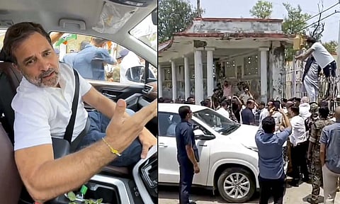 Congress leader Rahul Gandhi talks to the media in Darbhanga, Bihar. Rahul Gandhi alleged the NDA government in Bihar prevented him from interacting with Dalit and backward students in Ambedkar Hostel (PTI) 