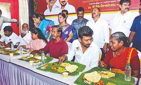 Deputy Chief Minister Udhayanidhi Stalin at the annadhanam organised by HR&CE department at Triplicane Parthasarathy Temple on Sunday (Photo credit: Hemanathan M)