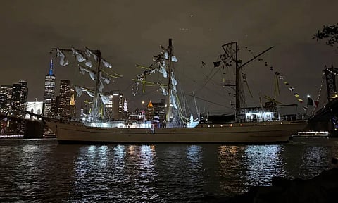 A masted Mexican Navy training ship, the Cuauhtémoc, sits stranded after colliding with the Brooklyn Bridge in New York on Saturday (AP)