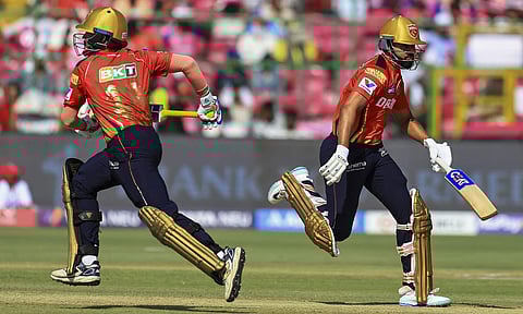 Punjab Kings batters Nehal Wadhera and Shreyas Iyer run between wickets during the Indian Premier League (IPL) 2025 cricket match between Rajasthan Royals and Punjab Kings, at Sawai Mansingh Stadium, in Jaipur, Sunday, May 18, 2025 (PTI) 