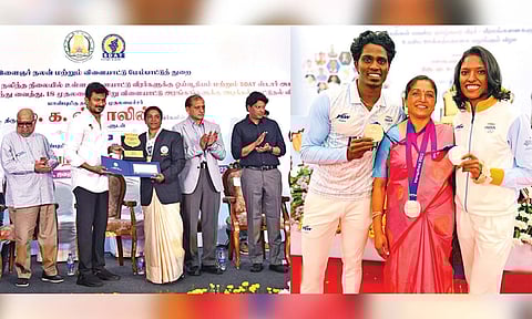  B Indira received the Tamil Nadu government's Best Coach award from Deputy Chief Minister, Udhayanidhi Stalin on May 5 (L); Indira all smiles, flanked by Olympians Praveen Chitravel and Subha Venkatesan during a TN government event honoring medalists from the state at the 2023 Asian Games (R)