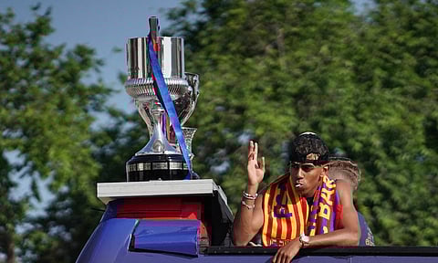 Lamine Yamal during Barcelona's open-top bus parade