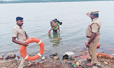 A rescue drill being conducted at Kurichi Lake in Coimbatore 