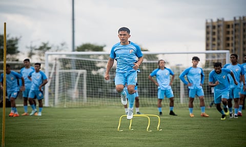 Sunil Chhetri trains at the Indian team camp in Kolkata