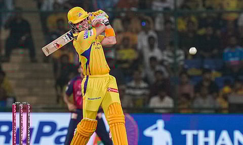 Chennai Super Kings' Dewald Brevis plays a shot during the IPL 2025 cricket match between Chennai Super Kings and Rajasthan Royals at the Arun Jaitley Stadium (PTI)