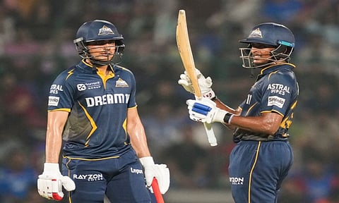 Gujarat Titans' Sai Sudharsan with captain Shubman Gill during an IPL 2025 match in New Delhi. (PTI)