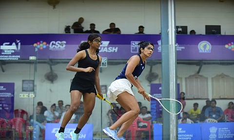 Joshna Chinappa and Nirupama Dubey in action during the semis