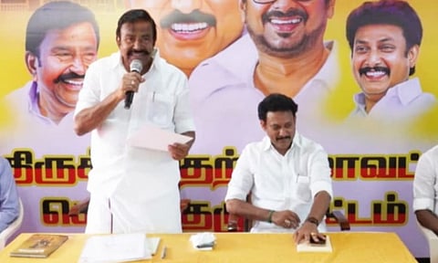 Minister KN Nehru addressing party cadre in Tiruchy on Thursday 