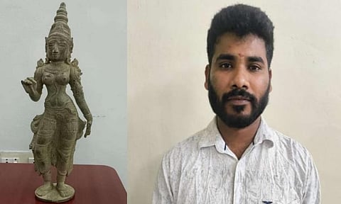 (L-R) 12th-century antique Amman metal idol; Accused Manojkumar 