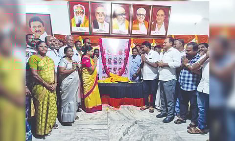 State Minister P Geetha Jeevan pays homage at Kalaignar Arangam in Thoothukudi on Thursday