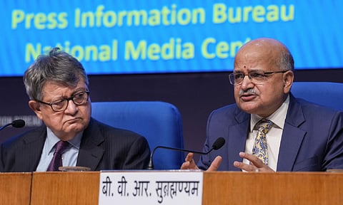 NITI Aayog CEO BVR Subrahmanyam and Vice Chairperson Suman Bery during a press briefing on NITI Council meeting, in New Delhi (PTI) 