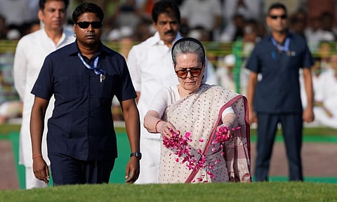 Congress leader Sonia Gandhi pays tribute to India's first prime minister Pt. Jawaharlal Nehru on his death anniversary, at Shanti Van in New Delhi (PTI)