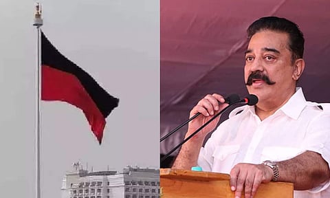 (L-R) DMK flag; Kamal Hassan