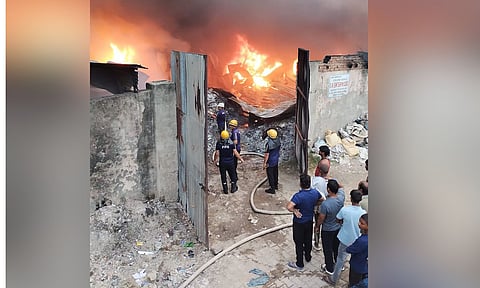 Firemen douse a fire at a warehouse at Dadupur Govindpur area, in Haridwar district, Uttarakhand, Friday, May 30, 2025 (PTI)