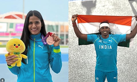 (L-R) Shaili Singh with her bronze medal; Praveen Chithravel after the final win 