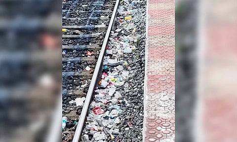 Plastic waste accumulated along the tracks at Tambaram Sanatorium Station
