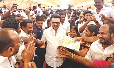 CM Stalin meeting party cadres at DMK’s general council meeting in Madurai on Sunday