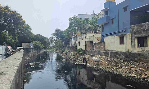 Solid waste, industry effluents and encroachments have turned the once-thriving waterbody black