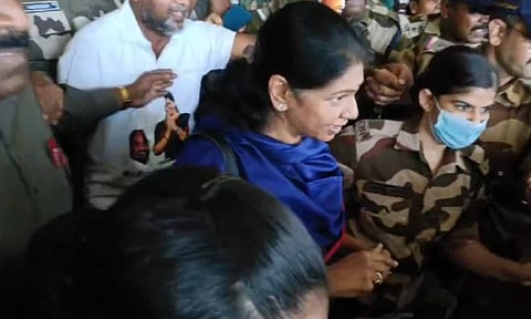 Chaotic welcome for DMK MP Kanimozhi at Chennai airport after diplomatic mission 