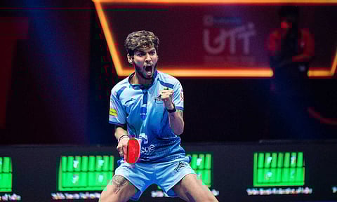  Ankur Bhattacharjee celebrates after winning a match in Ultimate Table Tennis Season 6