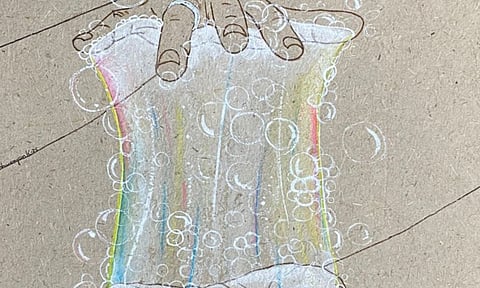 Gouache and archival ink on elephant dung paper by Aishwaryan K