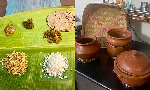 Indu serves food on a plantain leaf at her house, Mud pots can be a good alternative for cooking