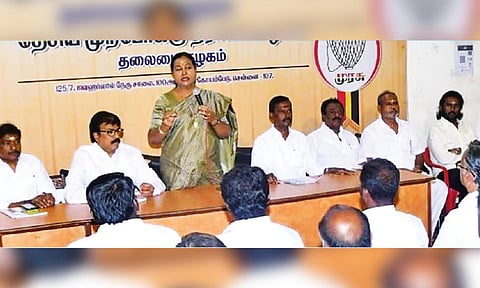 DMDK general secretary Premalatha Vijayakanth addresses party’s district secretaries during a meeting, on Wednesday